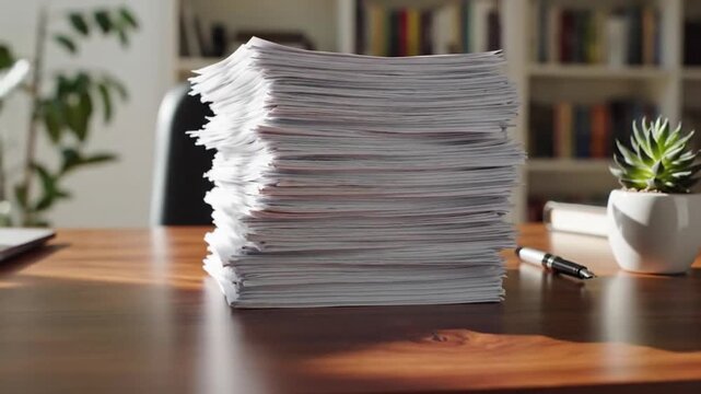 Pile of paperwork: A large stack of documents, organized and ready, sits on a wooden desk. It speaks to the efficiency and productivity of the workplace, accompanied by a plant