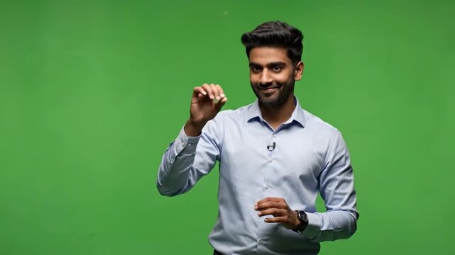 Presenting Ideas: An affable man with a genial smile makes a gesture as he stands against a vibrant green backdrop, sparking curiosity and indicating a moment of sharing