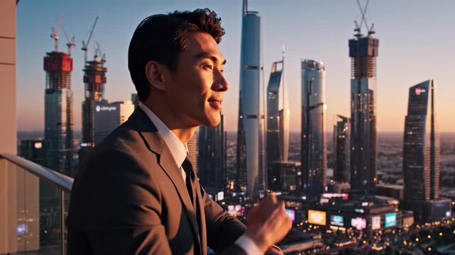 Urban Outlook: A distinguished figure gazes pensively over a sprawling urban landscape, a picture of ambition and the relentless pursuit of goals.