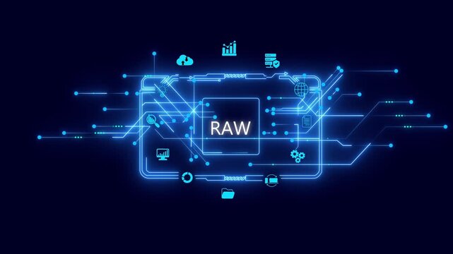 R A W Data Flow Technology Concept with Neon Blue Circuit Board and on Dark Background RAW data