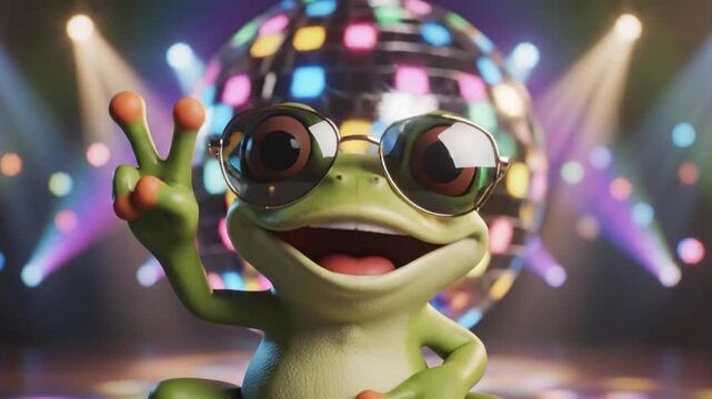 Happy cartoon frog in sunglasses making peace sign at disco party