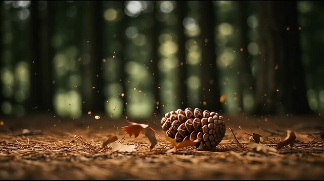 Pine cones falling on forest floor.