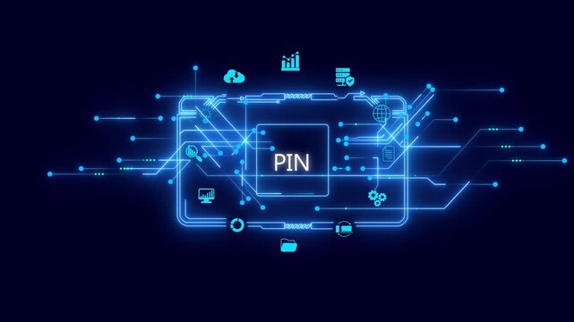 Digital P I N Code Security Concept with Neon Blue Circuit Board and on Dark Background PIN code digital security