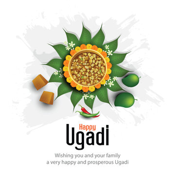 happy Ugadi New Year festival. Indian holiday celebrated by the inhabitants of Karnataka and Andhra Pradesh. abstract vector illustration graphic design.