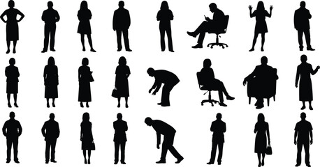 Obraz premium People silhouette office collection illustration, men women standing sitting poses vector set, business lifestyle shadow figures isolated design