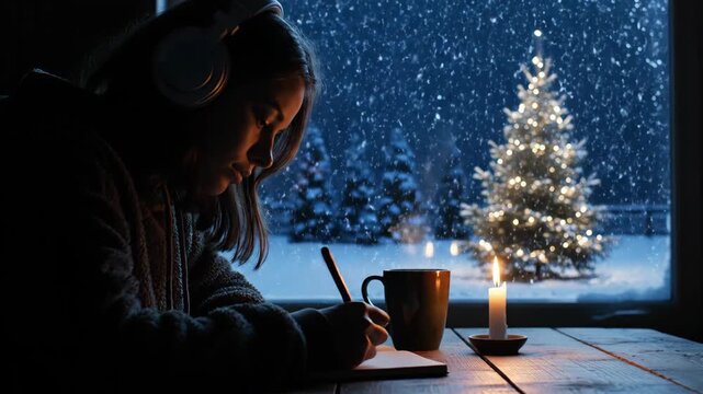 Young woman writing in a journal wearing headphones during a cozy winter night with falling snow, glowing Christmas tree, candle light, and steaming coffee mug on a wooden table.