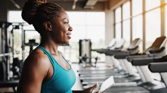 Fitness Instructor's Guidance: A focused woman, poised and confident, leads a fitness session. Her determination and poise reflects the modern approach to health.