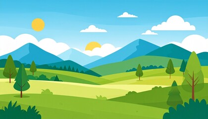 Obraz premium Scenic mountain landscape with golden sunrise over lush green valley and clear blue sky