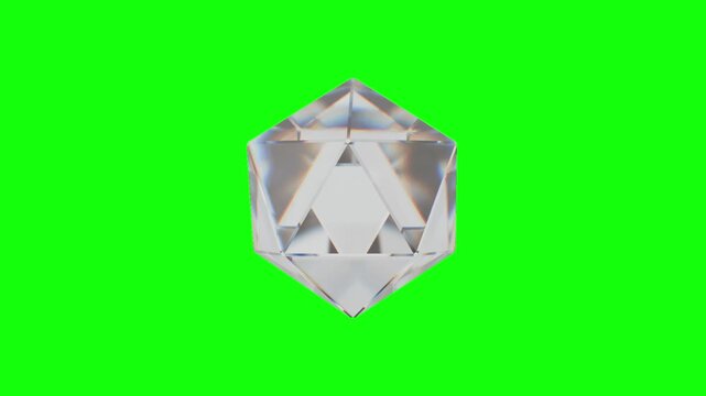 A photorealistic 3D animation of a faceted diamond or crystal icosahedron rotating slowly on a green screen. The crystal is perfectly clear, with realistic light refraction, caustics, and strong.