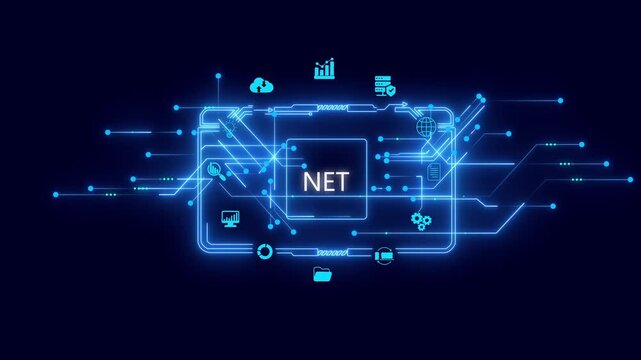 Digital Network Technology Concept with N E T Framework on Dark Background with Neon Blue Lines and .NET