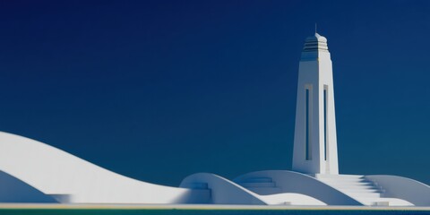 Fototapeta premium Minimalist white stone monument standing against a deep blue sky for architectural design, travel tourism banner, and national independence celebration with copy space