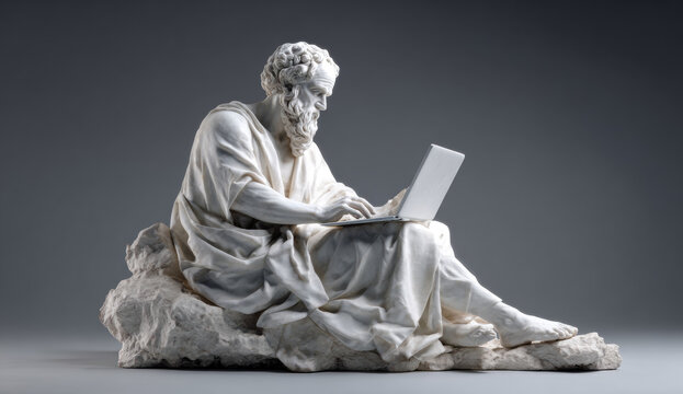 Statue of socrates sitting with a laptop, depicting classical greek philosopher in modern technology context, carved from white marble