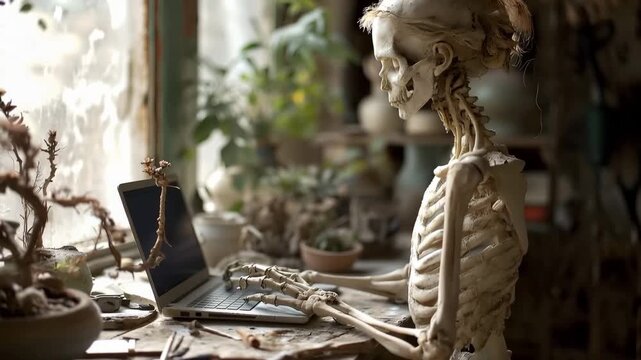 A skeleton sits at a table using a laptop. The room has many plants and sunlight comes in through the window. The atmosphere is lively yet unusual.