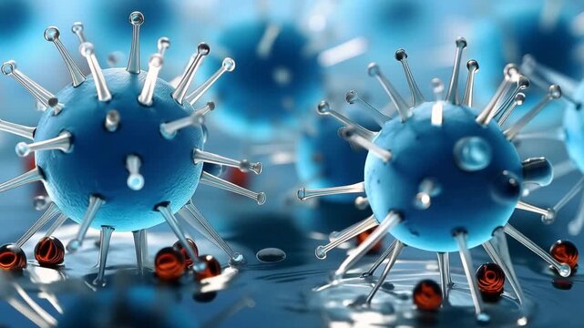 Scientists observe different virus structures in blue colors floating in water at a laboratory during evening hours. This study helps understand viral behavior and function.