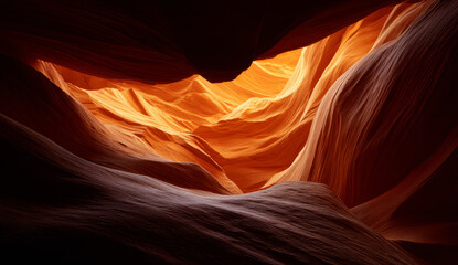 The intricate textures and warm orange hues inside a narrow canyon with smooth, layered sandstone walls