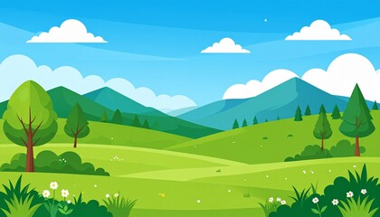 Obraz premium Scenic green valley landscape with blue sky and mountains summer nature background