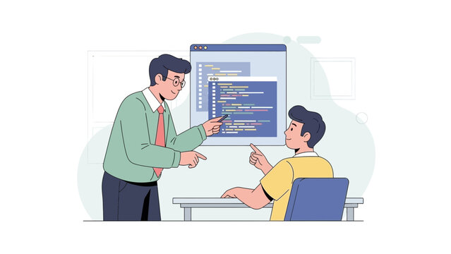 Coding Instruction Teacher Explaining Code to Student in Classroom Setting.