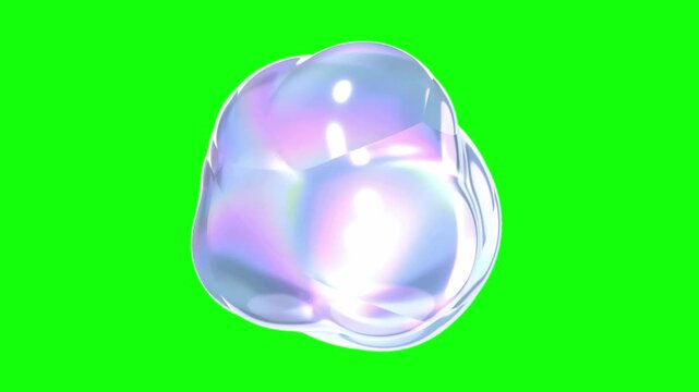 A smooth organic glass blob floating in the center of the frame, slow fluid morphing and gentle rotation, translucent jellylike material with iridescent pastel reflections, green chroma key background