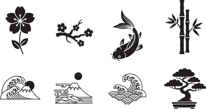 Japanese symbols and icons representing nature and cultural elements