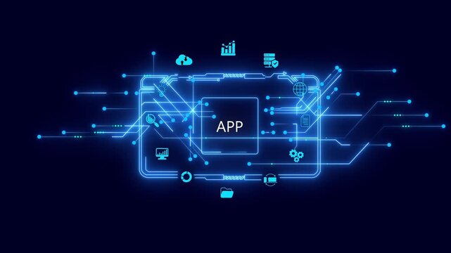 Neon Blue App Development Concept with Circuit Board and on Dark Background technology software