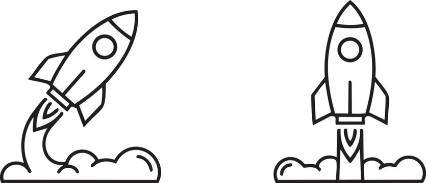 space rocket launch line icons and start up business concept symbols with flame and smoke clouds