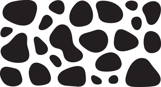abstract cow print pattern with organic black spots and dalmatian pebble shapes for textile and animal skin design