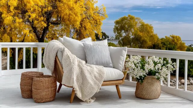 Outdoor patio scene with a wooden chair, pillows, blanket, baskets, flowers, and a scenic view