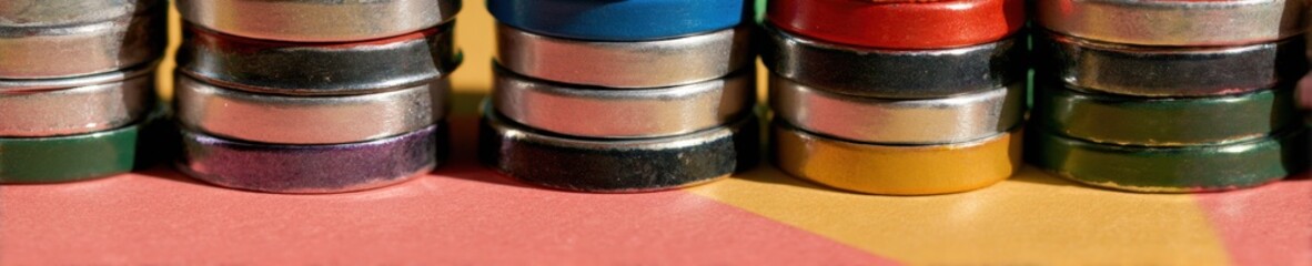 Stacked metallic election badges in a row on a flat surface for political campaign promotion background useful for marketing banners or voting event announcements