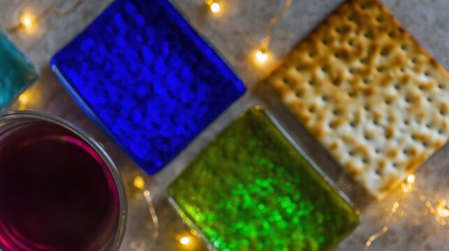 Passover Seder plate with matzah and wine for holiday dinner celebration on grey stone background, perfect for religious greeting cards or marketing banners