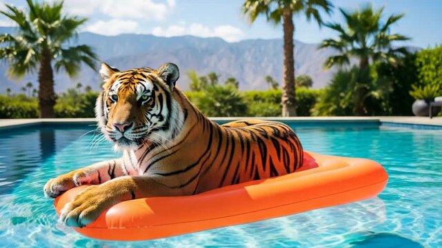 Tiger on orange raft in swimming pool with palm trees and mountains. Fashion tiger in the pool.
