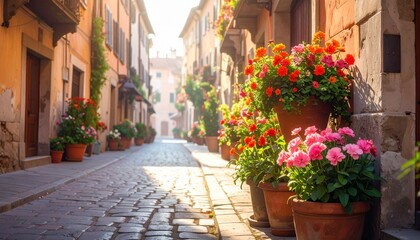 Charming European cobblestone street with colorful flower pots in warm sunlight