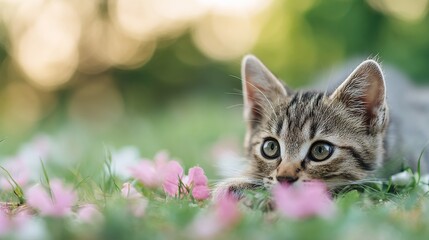 Obraz premium Cute Kitten Lying on Fresh Grass with Flowers, Dreamy Bokeh Background and Expansive Empty Copy Space Above, Calm Gentle Spring Mood