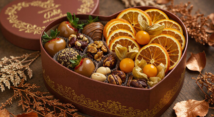 Fototapeta premium Heart-shaped box of assorted chocolates and dried fruits on wooden table 