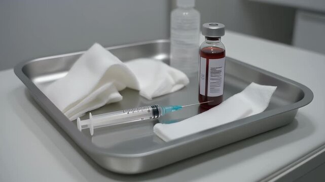 Medical tray with syringe, vaccine vial, and gauze ready for injection