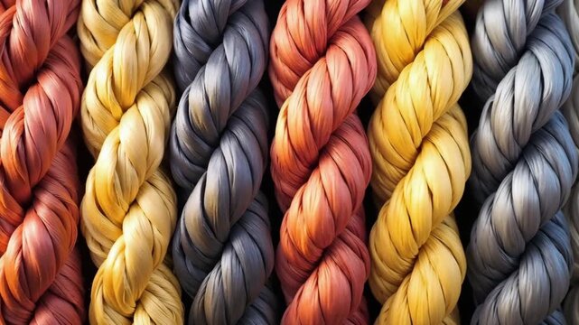 Different colored ropes are shown arranged in neat patterns. Each rope is thick and appears strong, perfect for various crafts and designs. The light highlights the colors.