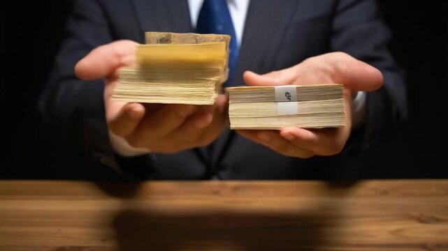 現金を両手で差し出すスーツ姿の男性のビジネス象徴表現