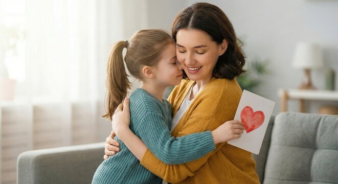 Loving Daughter Hugs Mother With Handmade Heart Card A Symbol of Affection Family Bond Celebrating Mothers Day Warmth Gratitude Parent Child Connection Affectionate Embrace Tender Moment Joyful