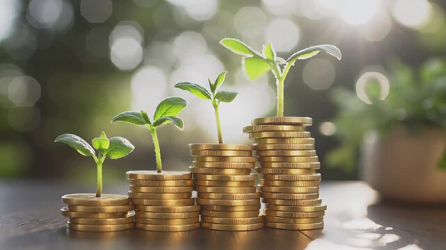 Close-up 4K cinematic shot of stacked golden coins with young green plants growing on top, symbolizing financial growth, investment success, wealth management, savings strategy, and sustainable busine