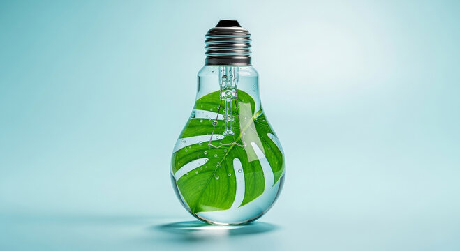 A lightbulb filled with water and tropical leaves, symbolizing innovation and the fusion of nature with technology against a soft blue backdrop.