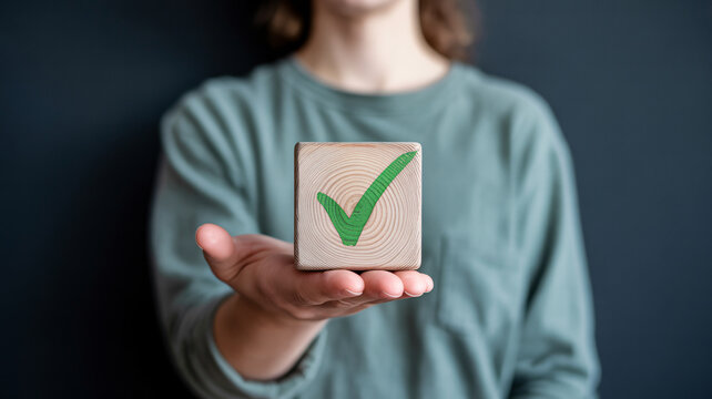 Woman holding wooden block with green checkmark for approval and confirmation