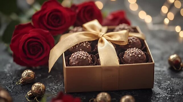 Box of chocolates with golden bow surrounded by vibrant red roses soft bokeh lights on dark textured background ideal for gifting