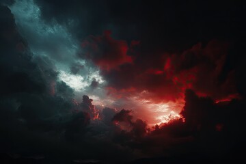 Dramatic sunset or sunrise cloudscape, with vibrant red and teal hues