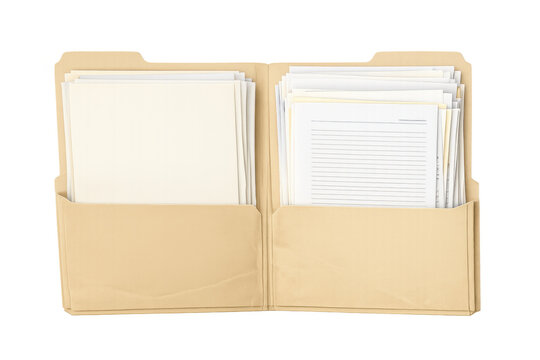 Manila file folder, documents and paperwork organized in pockets, transparent background for office archive