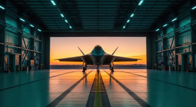 Stealth fighter jet in hangar at sunset with dramatic lighting and shadows spreads across the floor highlighting aerospace engineering