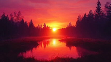 Fototapeta premium Stunning sunset over a tranquil river surrounded by lush forests