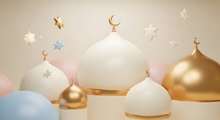 Fototapeta premium Elegant 3D rendering of mosque domes with crescent moons and stars, celebrating Islamic holidays.