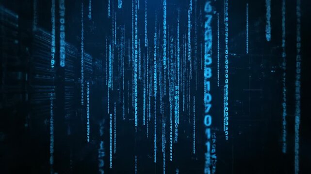 Matrix code rain falling in blue vertical streams representing cyber security, big data, programming and hacking in a futuristic virtual technology background