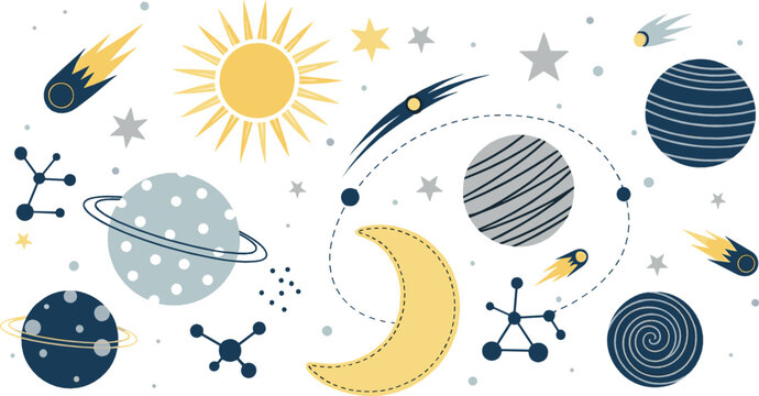 Cute space illustration set with sun moon planets comets stars and constellations in playful hand drawn flat style for kids astronomy and cosmic designs