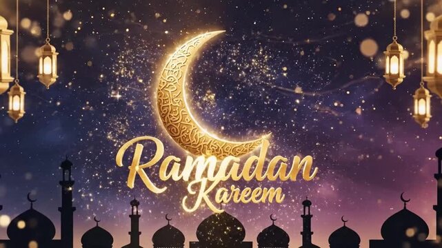 Ramadhan Kareem greeting. Crescent moon and mosque silhouette. Glowing lanterns. Starry night sky. Purple, blue, and pink gradient background. Ramadan Mubarak. Vector illustration.