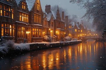 Naklejka premium Snowflakes Gently Falling Over Historic Canal At Night